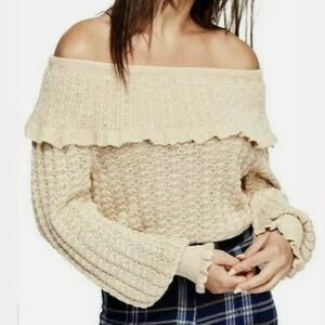 Free People Cream Cable Knit boat neckline Sweater Sz S